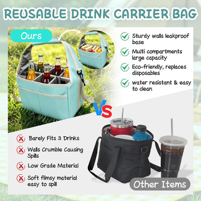 Reusable Drink Carrier Tote Bag with Handle Family Size 4 Compartment Water Bottle Holder with Adjustable Shoulder Strap & Removable Dividers Multiple Tumbler Caddy for Car,Delivery,Family Outings