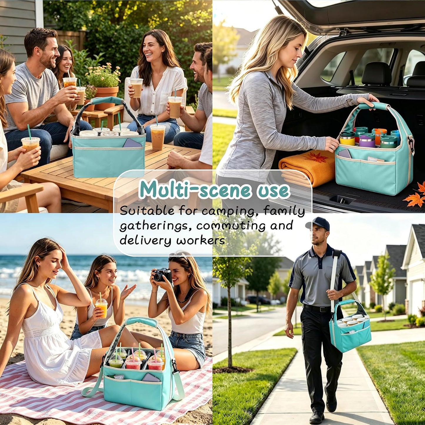 Reusable Drink Carrier Tote Bag with Handle Family Size 4 Compartment Water Bottle Holder with Adjustable Shoulder Strap & Removable Dividers Multiple Tumbler Caddy for Car,Delivery,Family Outings