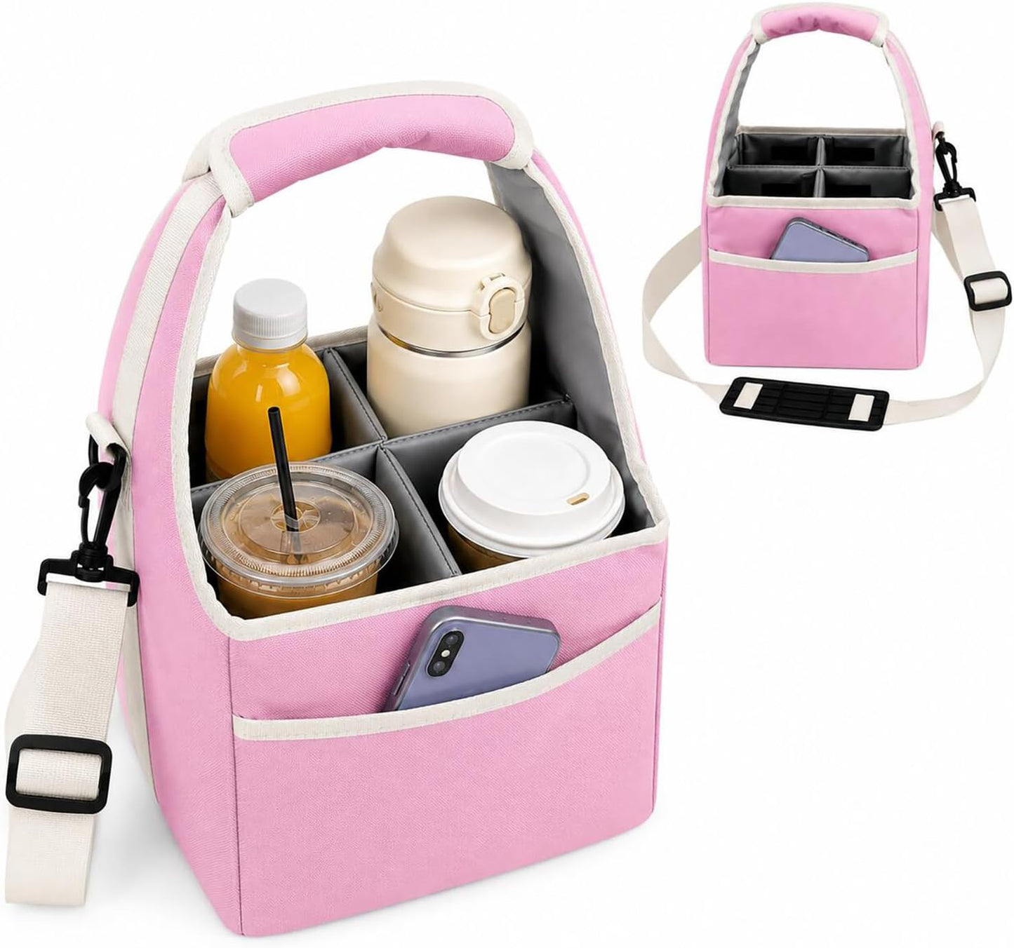 Reusable Drink Carrier Tote Bag with Handle Family Size 4 Compartment Water Bottle Holder with Adjustable Shoulder Strap & Removable Dividers Multiple Tumbler Caddy for Car,Delivery,Family Outings