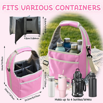 Reusable Drink Carrier Tote Bag with Handle Family Size 4 Compartment Water Bottle Holder with Adjustable Shoulder Strap & Removable Dividers Multiple Tumbler Caddy for Car,Delivery,Family Outings