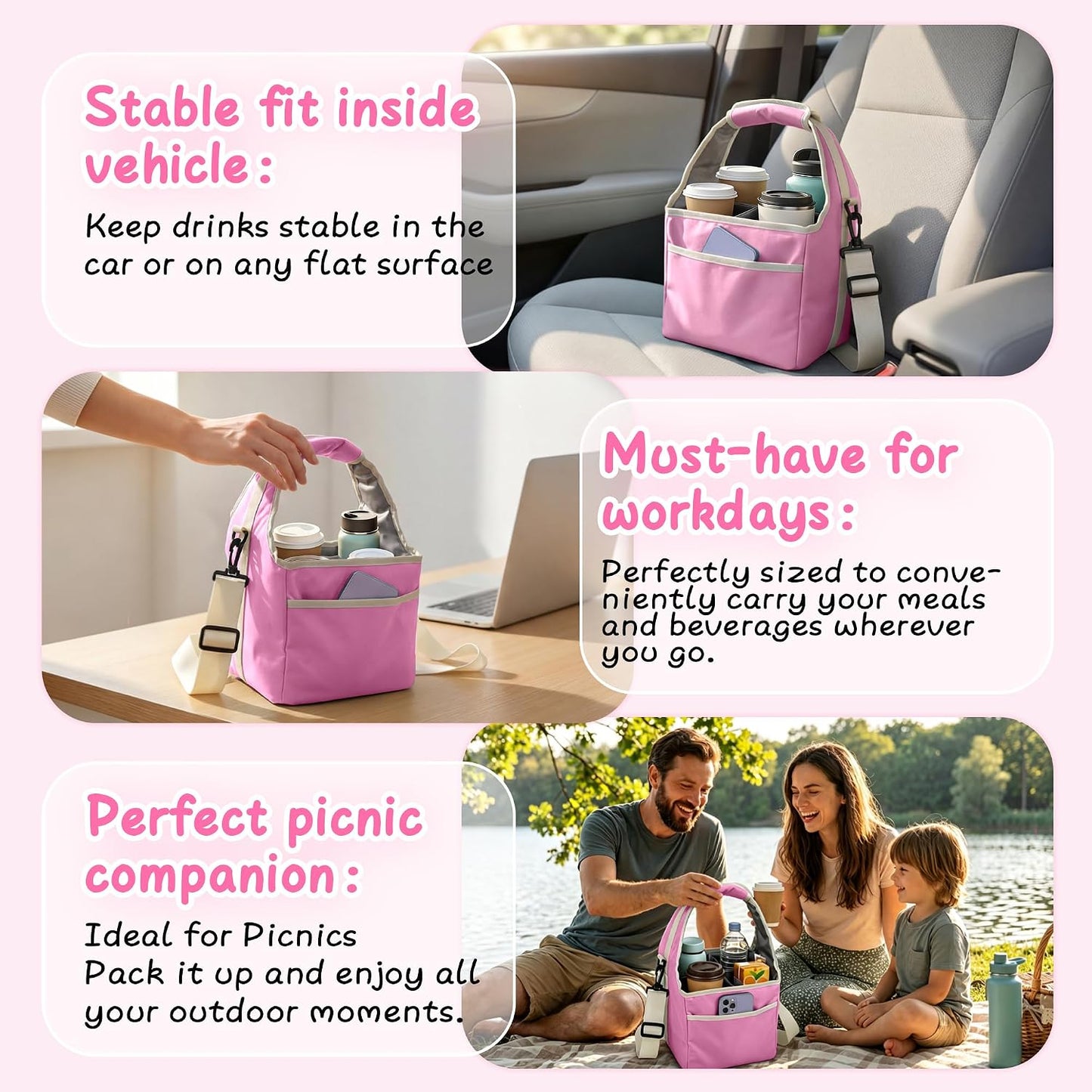 Reusable Drink Carrier Tote Bag with Handle Family Size 4 Compartment Water Bottle Holder with Adjustable Shoulder Strap & Removable Dividers Multiple Tumbler Caddy for Car,Delivery,Family Outings