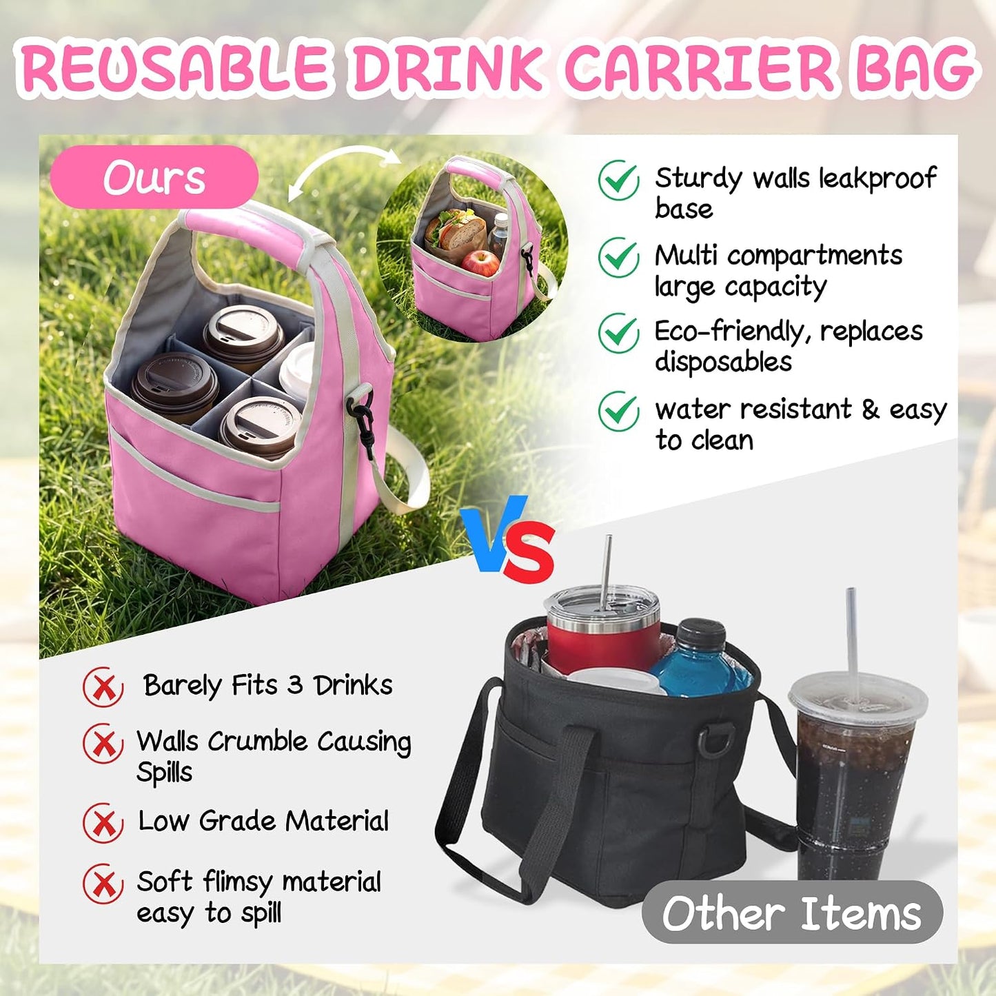 Reusable Drink Carrier Tote Bag with Handle Family Size 4 Compartment Water Bottle Holder with Adjustable Shoulder Strap & Removable Dividers Multiple Tumbler Caddy for Car,Delivery,Family Outings