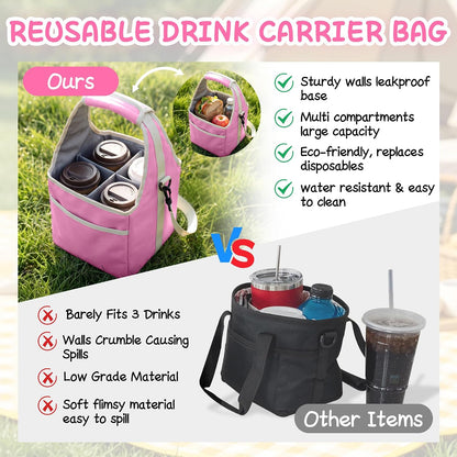 Reusable Drink Carrier Tote Bag with Handle Family Size 4 Compartment Water Bottle Holder with Adjustable Shoulder Strap & Removable Dividers Multiple Tumbler Caddy for Car,Delivery,Family Outings