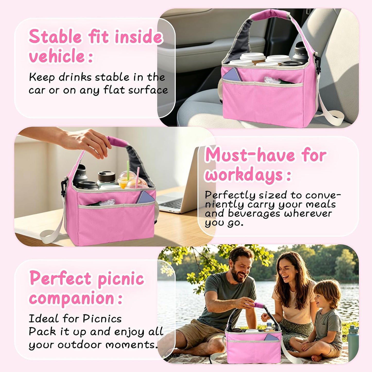 Reusable Drink Carrier Tote Bag with Handle Family Size 4 Compartment Water Bottle Holder with Adjustable Shoulder Strap & Removable Dividers Multiple Tumbler Caddy for Car,Delivery,Family Outings