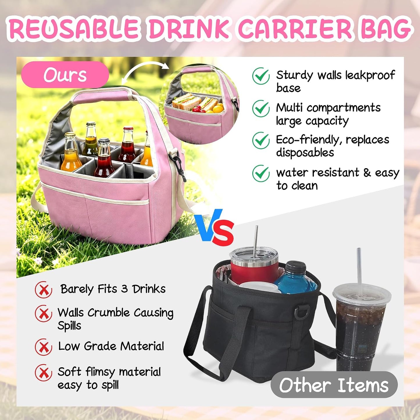 Reusable Drink Carrier Tote Bag with Handle Family Size 4 Compartment Water Bottle Holder with Adjustable Shoulder Strap & Removable Dividers Multiple Tumbler Caddy for Car,Delivery,Family Outings