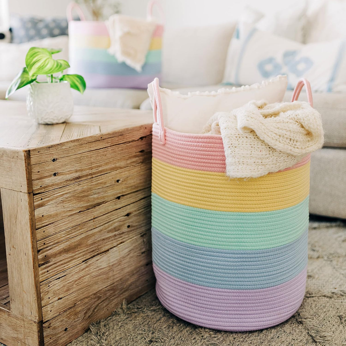 Rainbow Toy Basket & Blanket Storage Bin, Nursery 20x13"