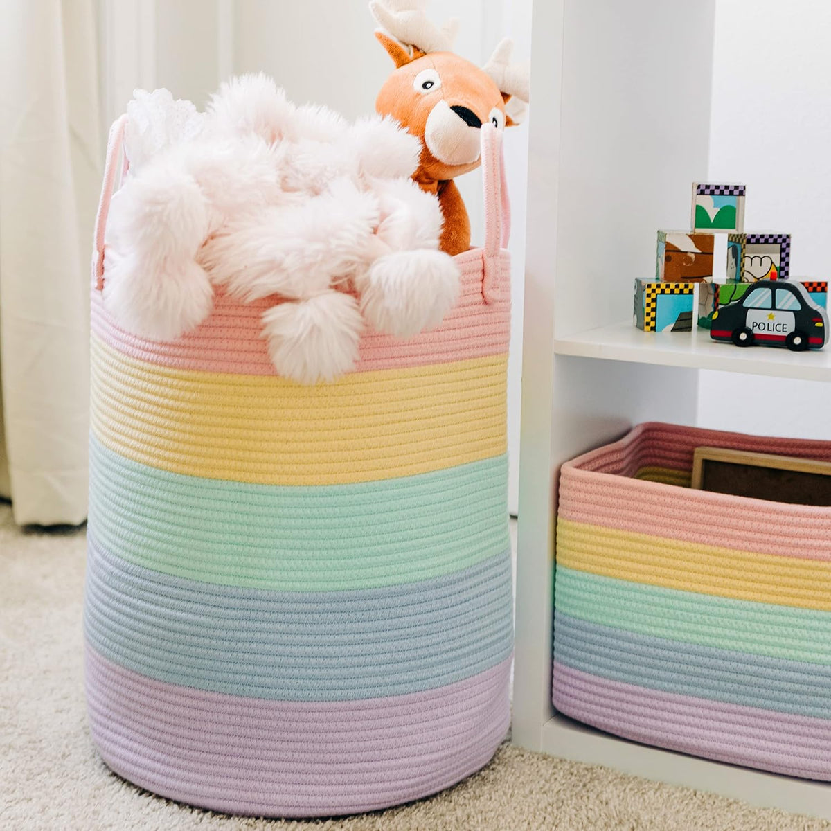 Rainbow Toy Basket & Blanket Storage Bin, Nursery 20x13"