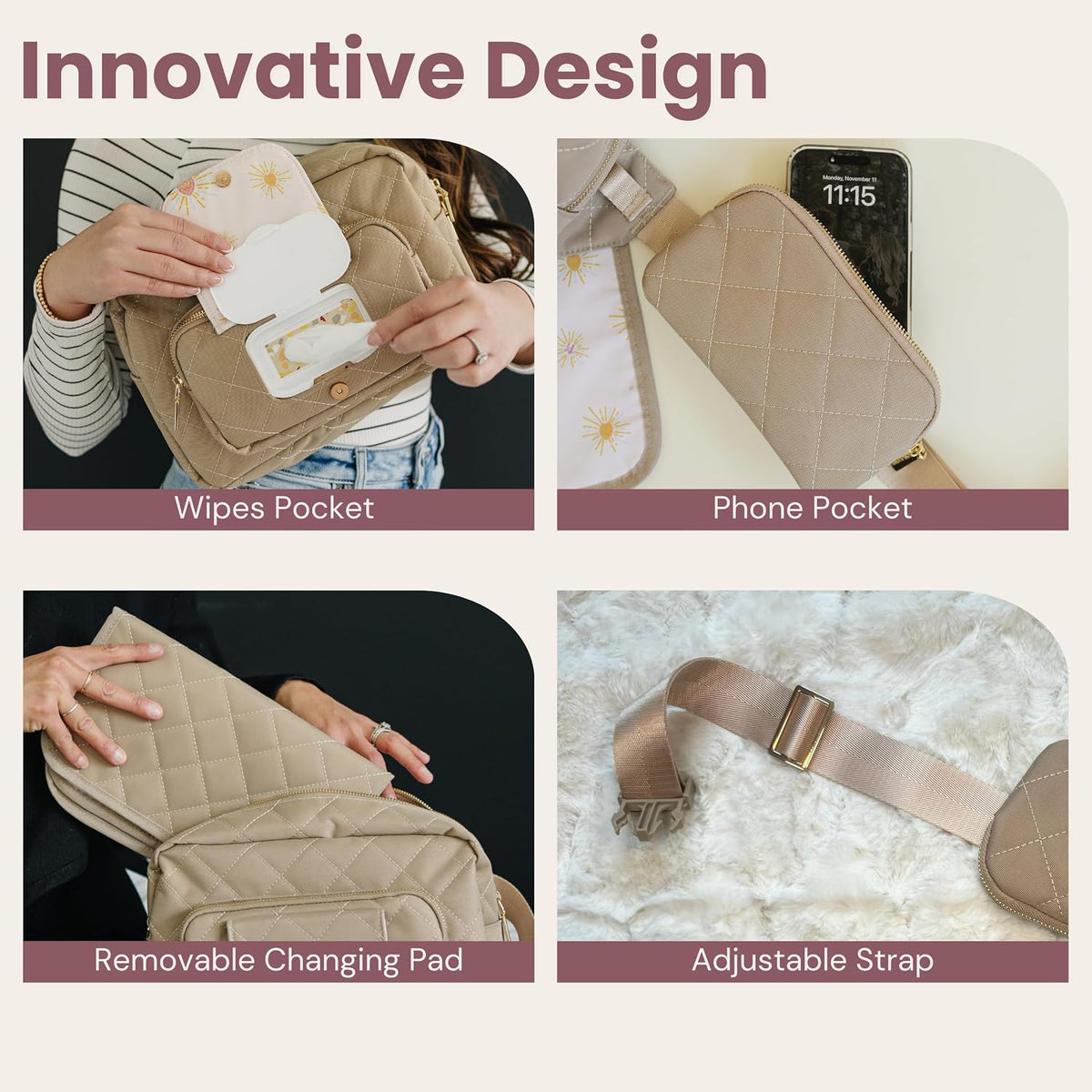 ® Small Diaper Bag - Mini Diaper Bag with Portable Changing Pad, Fanny Pack Crossbody Bags for Baby & Toddler, Beige Travel-Friendly Baby Tote with Adjustable Strap & Zippered Pockets