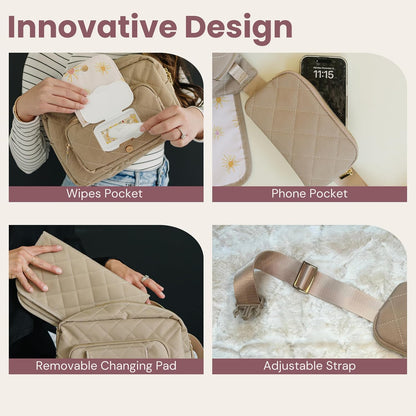 ® Small Diaper Bag - Mini Diaper Bag with Portable Changing Pad, Fanny Pack Crossbody Bags for Baby & Toddler, Beige Travel-Friendly Baby Tote with Adjustable Strap & Zippered Pockets