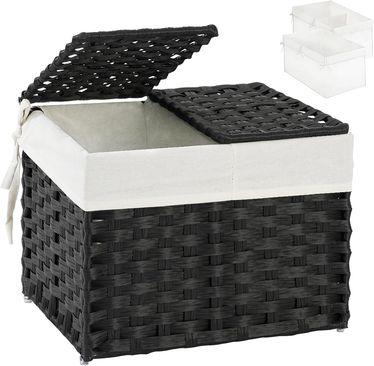 Storage Basket with Lid Rattan Woven Storage Baskets with 2 Separate Lids, 17.2 Gallon (65 L), 22 x 13 x 13.8 Inches,Foldable, 2 Removable Liner Bags Handles for Bedroom, Laundry Room Natural