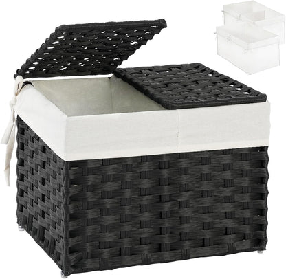 Storage Basket with Lid Rattan Woven Storage Baskets with 2 Separate Lids, 17.2 Gallon (65 L), 22 x 13 x 13.8 Inches,Foldable, 2 Removable Liner Bags Handles for Bedroom, Laundry Room Natural