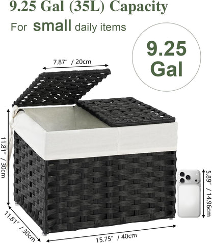 Storage Basket with Lid Rattan Woven Storage Baskets with 2 Separate Lids, 17.2 Gallon (65 L), 22 x 13 x 13.8 Inches,Foldable, 2 Removable Liner Bags Handles for Bedroom, Laundry Room Natural