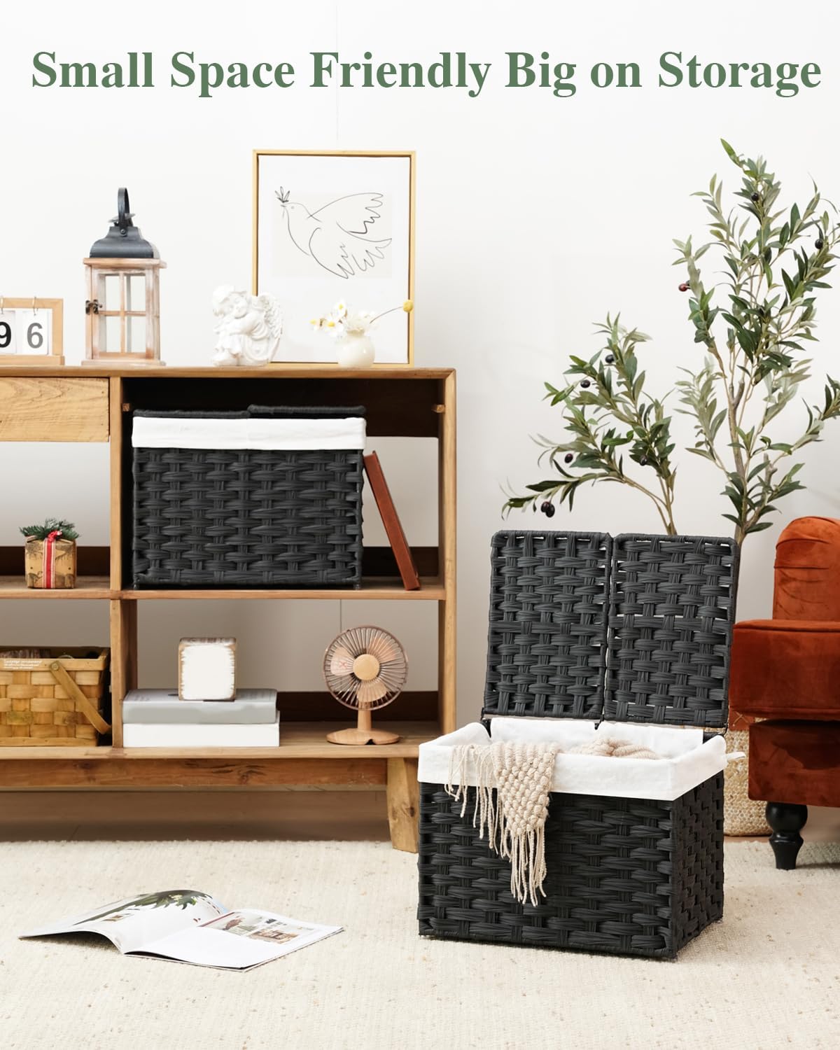 Storage Basket with Lid Rattan Woven Storage Baskets with 2 Separate Lids, 17.2 Gallon (65 L), 22 x 13 x 13.8 Inches,Foldable, 2 Removable Liner Bags Handles for Bedroom, Laundry Room Natural