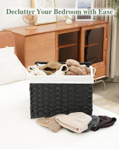 Storage Basket with Lid Rattan Woven Storage Baskets with 2 Separate Lids, 17.2 Gallon (65 L), 22 x 13 x 13.8 Inches,Foldable, 2 Removable Liner Bags Handles for Bedroom, Laundry Room Natural
