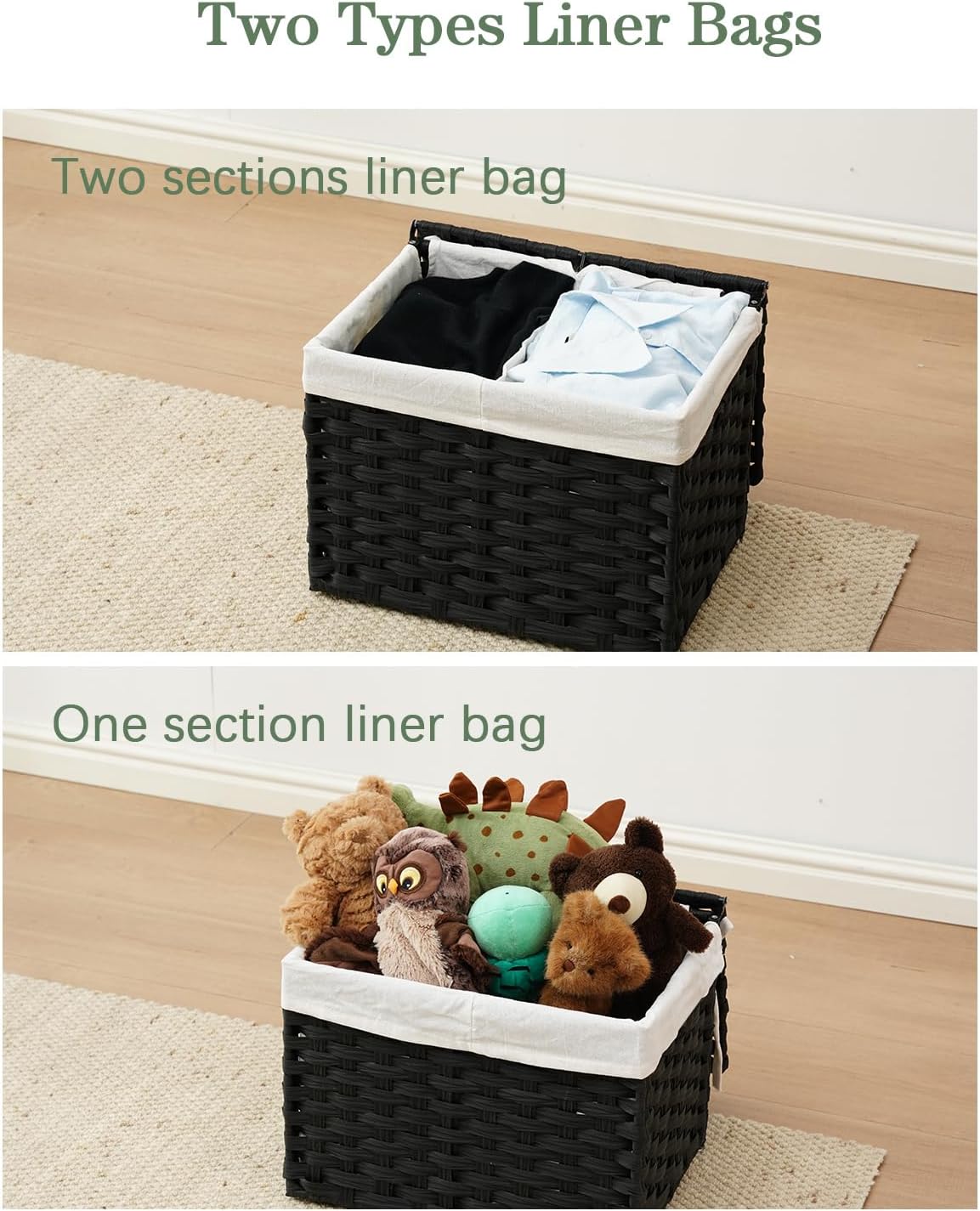 Storage Basket with Lid Rattan Woven Storage Baskets with 2 Separate Lids, 17.2 Gallon (65 L), 22 x 13 x 13.8 Inches,Foldable, 2 Removable Liner Bags Handles for Bedroom, Laundry Room Natural
