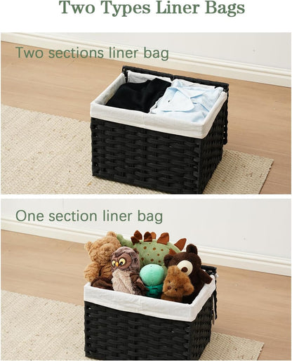 Storage Basket with Lid Rattan Woven Storage Baskets with 2 Separate Lids, 17.2 Gallon (65 L), 22 x 13 x 13.8 Inches,Foldable, 2 Removable Liner Bags Handles for Bedroom, Laundry Room Natural
