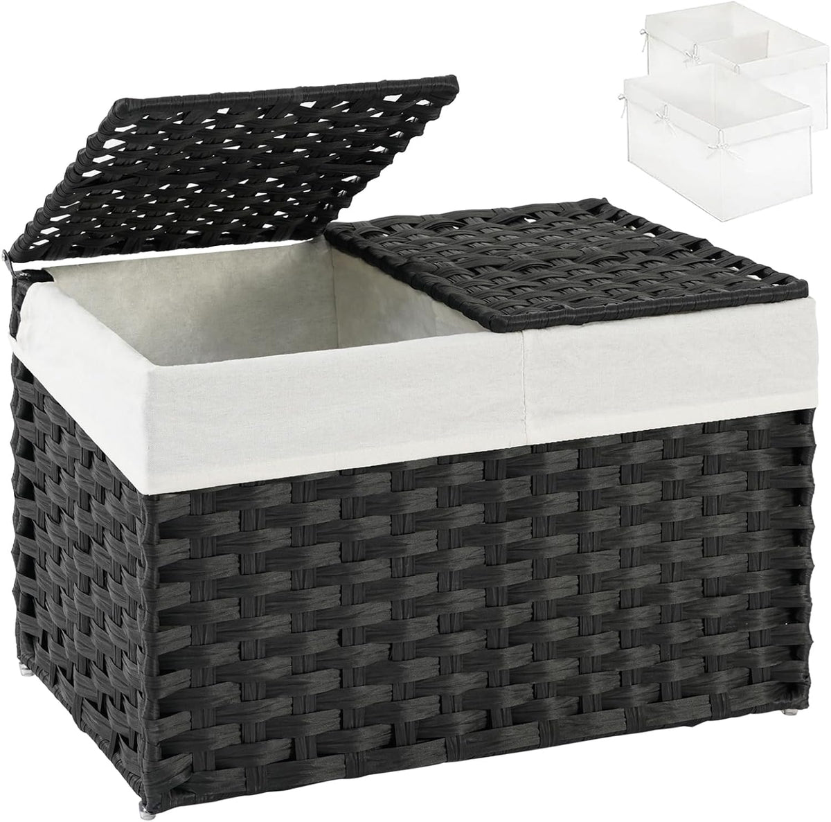 Storage Basket with Lid Rattan Woven Storage Baskets with 2 Separate Lids, 17.2 Gallon (65 L), 22 x 13 x 13.8 Inches,Foldable, 2 Removable Liner Bags Handles for Bedroom, Laundry Room Natural