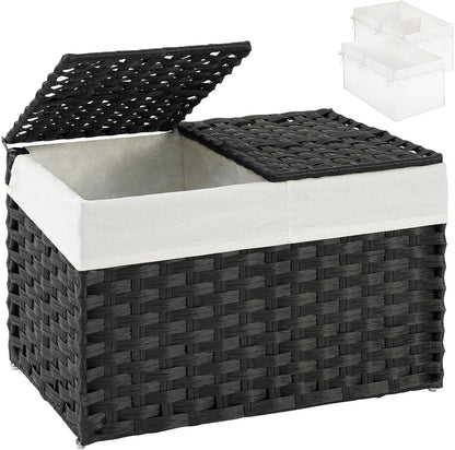 Storage Basket with Lid Rattan Woven Storage Baskets with 2 Separate Lids, 17.2 Gallon (65 L), 22 x 13 x 13.8 Inches,Foldable, 2 Removable Liner Bags Handles for Bedroom, Laundry Room Natural