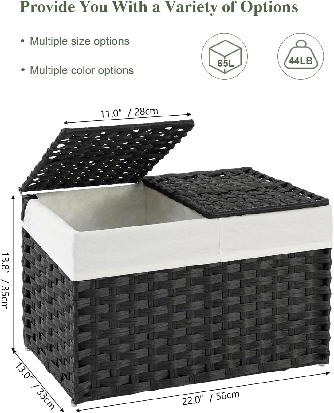 Storage Basket with Lid Rattan Woven Storage Baskets with 2 Separate Lids, 17.2 Gallon (65 L), 22 x 13 x 13.8 Inches,Foldable, 2 Removable Liner Bags Handles for Bedroom, Laundry Room Natural