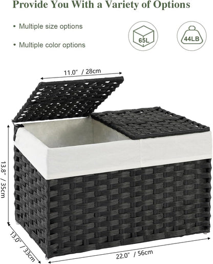 Storage Basket with Lid Rattan Woven Storage Baskets with 2 Separate Lids, 17.2 Gallon (65 L), 22 x 13 x 13.8 Inches,Foldable, 2 Removable Liner Bags Handles for Bedroom, Laundry Room Natural