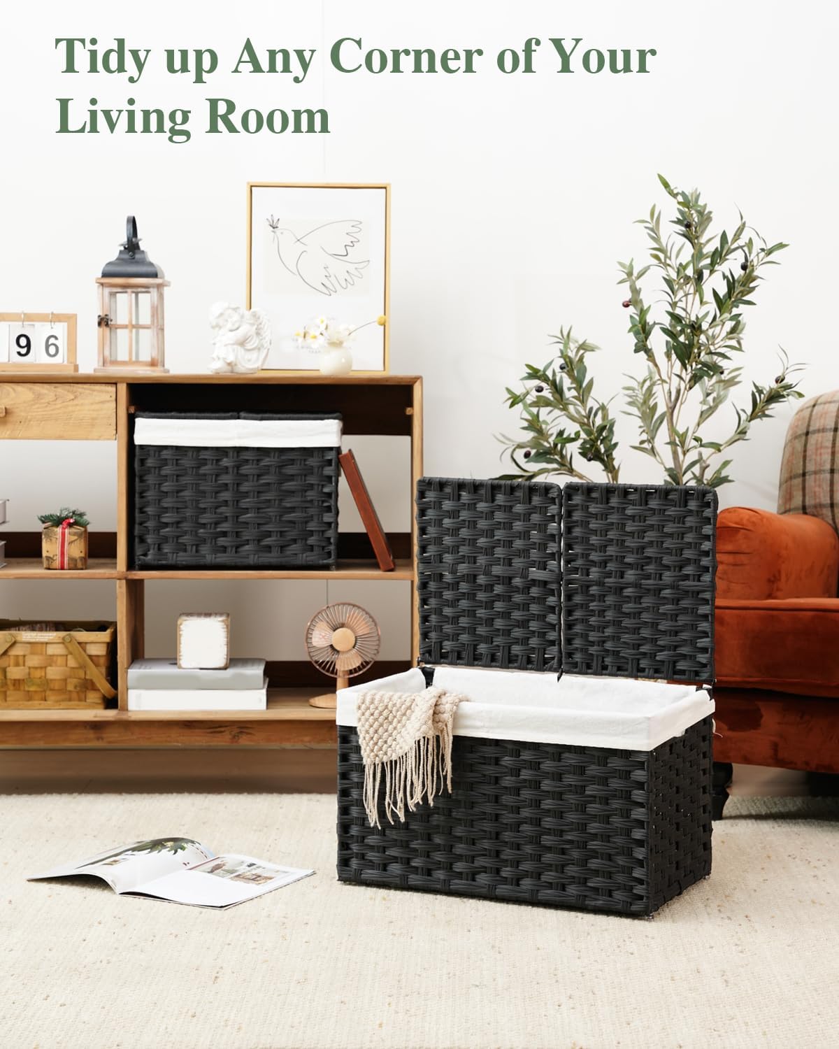 Storage Basket with Lid Rattan Woven Storage Baskets with 2 Separate Lids, 17.2 Gallon (65 L), 22 x 13 x 13.8 Inches,Foldable, 2 Removable Liner Bags Handles for Bedroom, Laundry Room Natural