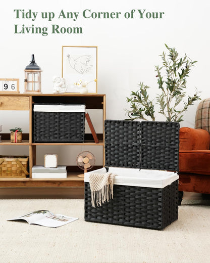 Storage Basket with Lid Rattan Woven Storage Baskets with 2 Separate Lids, 17.2 Gallon (65 L), 22 x 13 x 13.8 Inches,Foldable, 2 Removable Liner Bags Handles for Bedroom, Laundry Room Natural