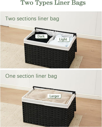 Storage Basket with Lid Rattan Woven Storage Baskets with 2 Separate Lids, 17.2 Gallon (65 L), 22 x 13 x 13.8 Inches,Foldable, 2 Removable Liner Bags Handles for Bedroom, Laundry Room Natural