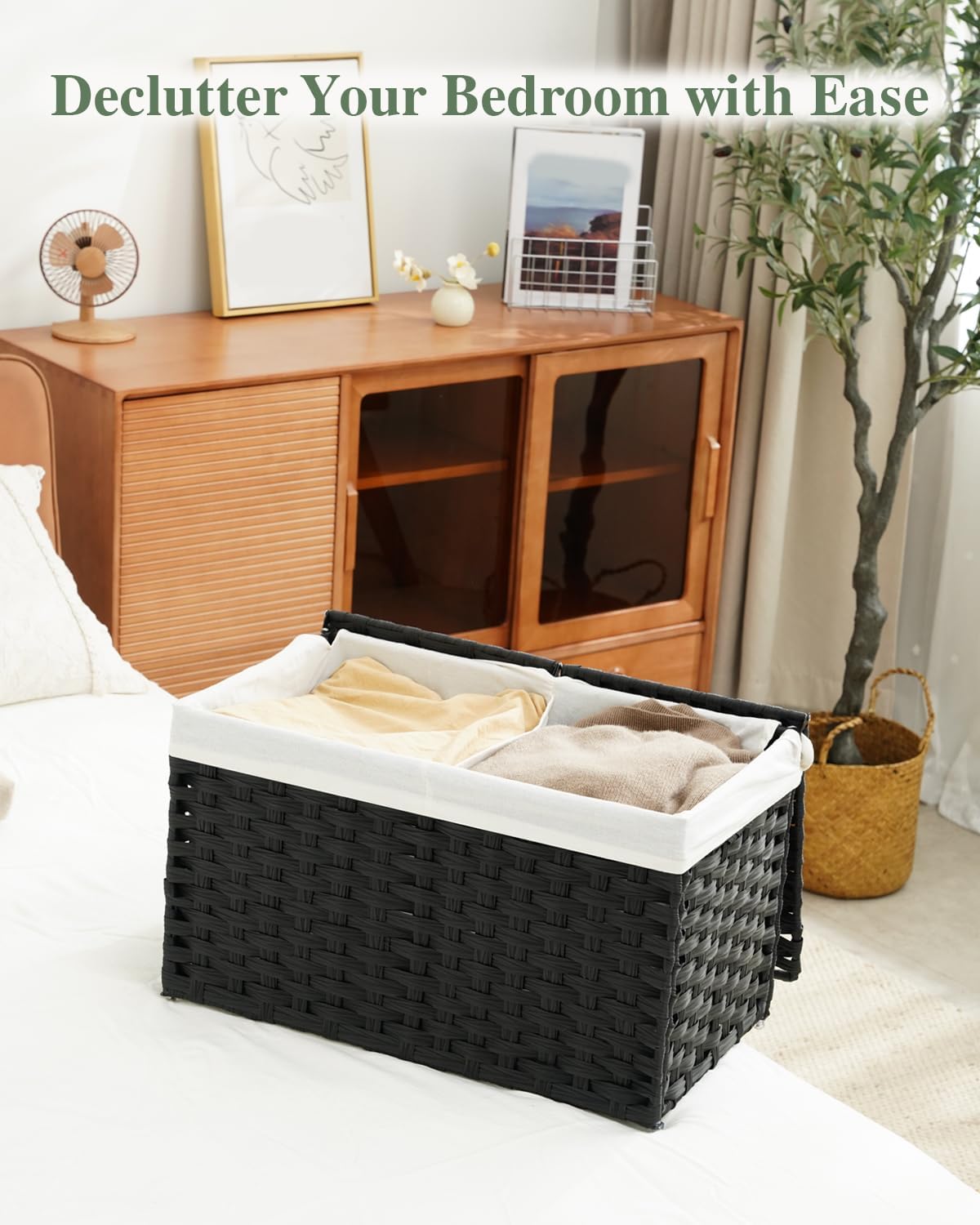 Storage Basket with Lid Rattan Woven Storage Baskets with 2 Separate Lids, 17.2 Gallon (65 L), 22 x 13 x 13.8 Inches,Foldable, 2 Removable Liner Bags Handles for Bedroom, Laundry Room Natural