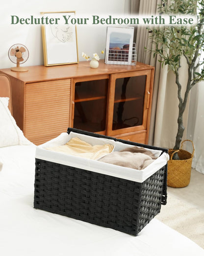 Storage Basket with Lid Rattan Woven Storage Baskets with 2 Separate Lids, 17.2 Gallon (65 L), 22 x 13 x 13.8 Inches,Foldable, 2 Removable Liner Bags Handles for Bedroom, Laundry Room Natural