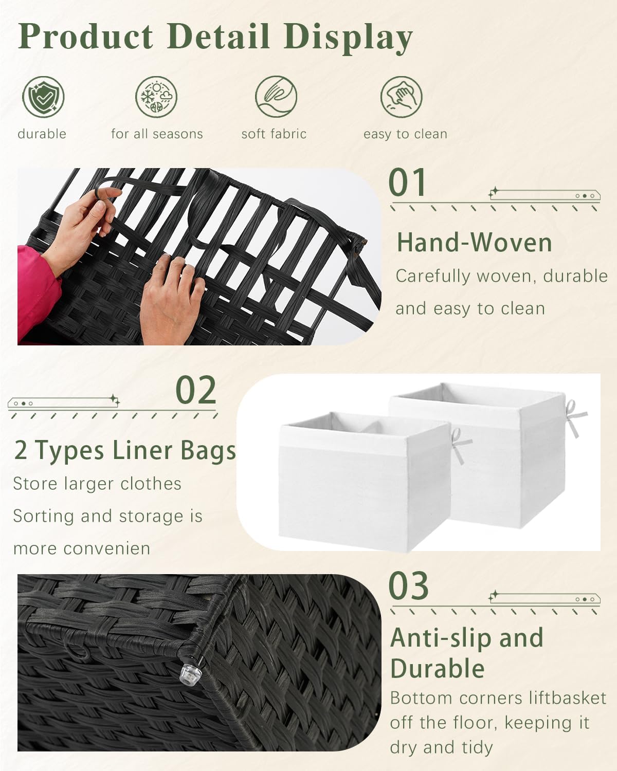Storage Basket with Lid Rattan Woven Storage Baskets with 2 Separate Lids, 17.2 Gallon (65 L), 22 x 13 x 13.8 Inches,Foldable, 2 Removable Liner Bags Handles for Bedroom, Laundry Room Natural