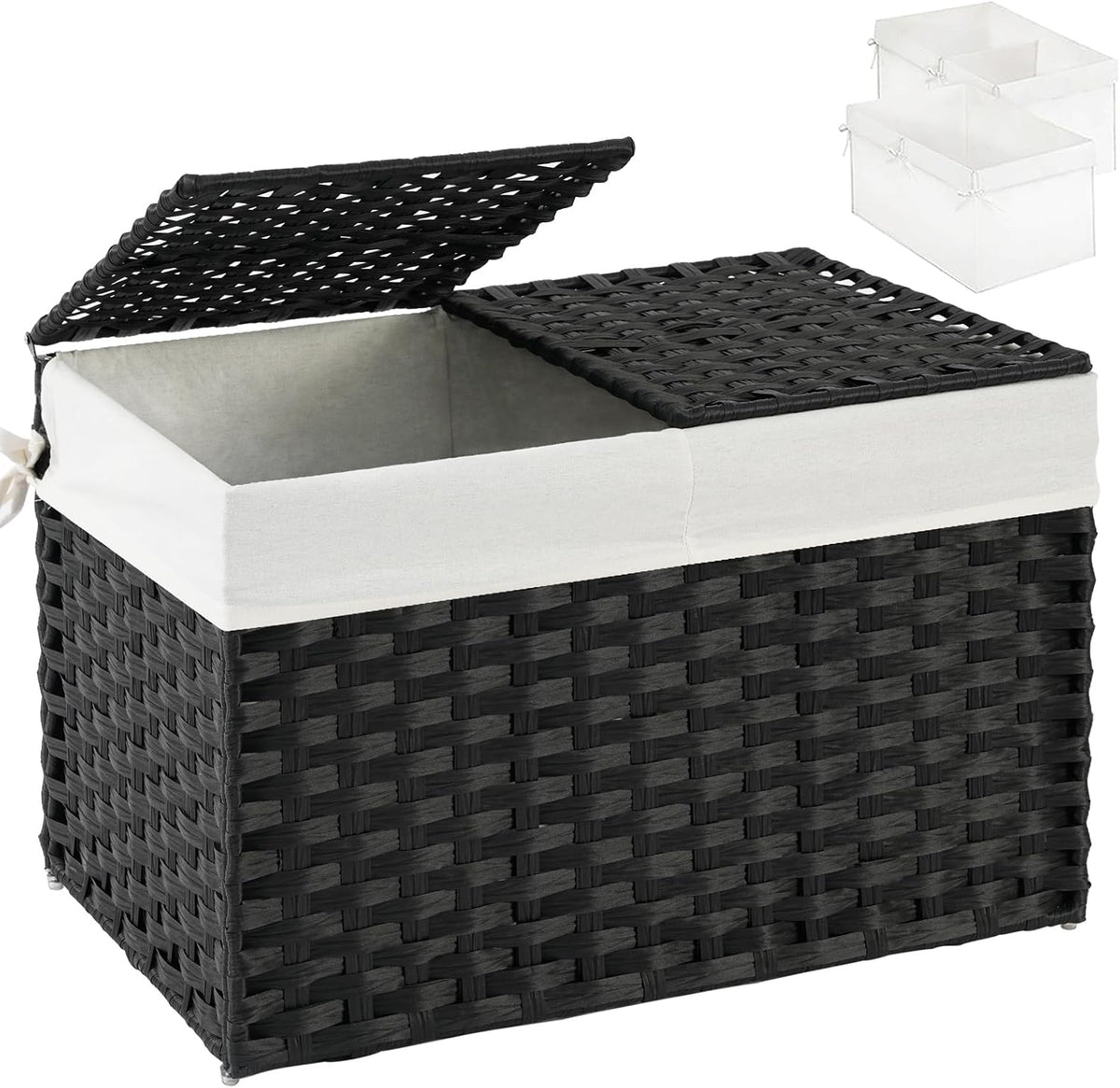 Storage Basket with Lid Rattan Woven Storage Baskets with 2 Separate Lids, 17.2 Gallon (65 L), 22 x 13 x 13.8 Inches,Foldable, 2 Removable Liner Bags Handles for Bedroom, Laundry Room Natural