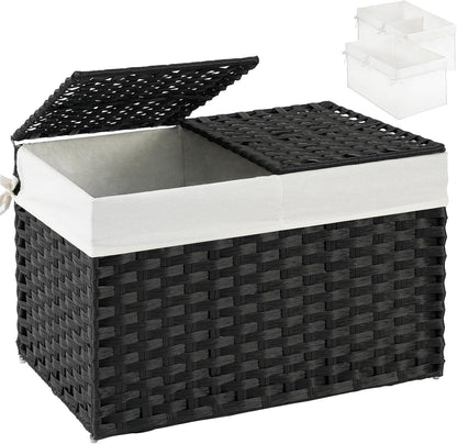 Storage Basket with Lid Rattan Woven Storage Baskets with 2 Separate Lids, 17.2 Gallon (65 L), 22 x 13 x 13.8 Inches,Foldable, 2 Removable Liner Bags Handles for Bedroom, Laundry Room Natural