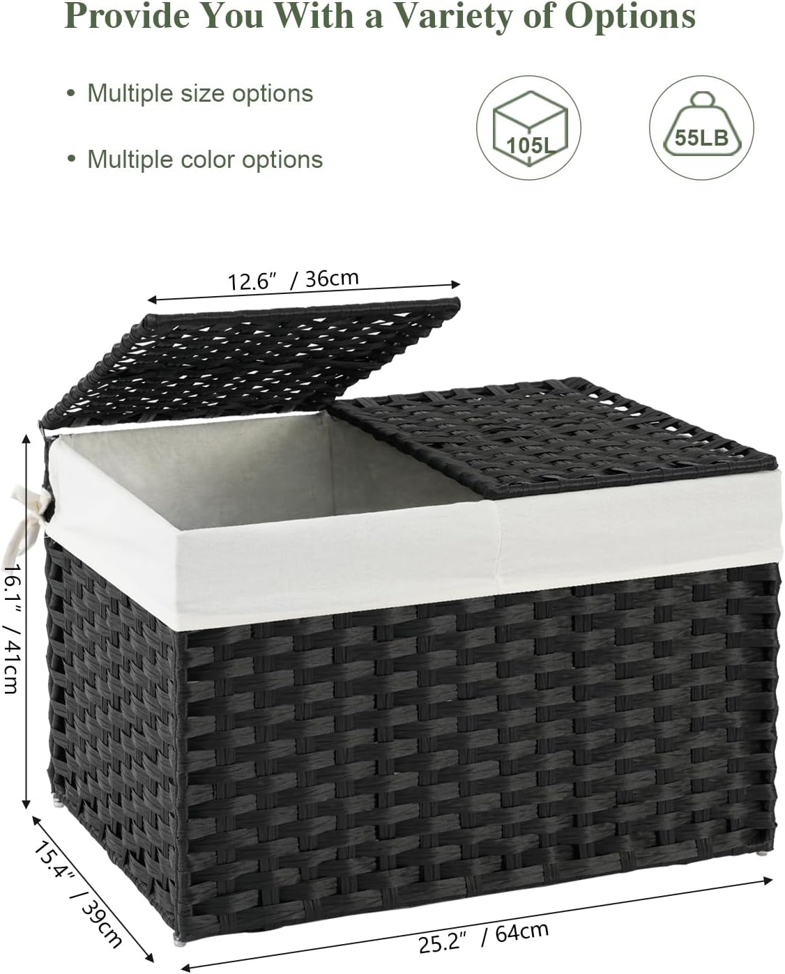 Storage Basket with Lid Rattan Woven Storage Baskets with 2 Separate Lids, 17.2 Gallon (65 L), 22 x 13 x 13.8 Inches,Foldable, 2 Removable Liner Bags Handles for Bedroom, Laundry Room Natural