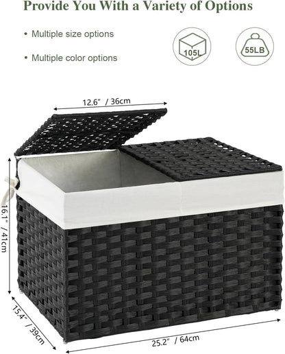 Storage Basket with Lid Rattan Woven Storage Baskets with 2 Separate Lids, 17.2 Gallon (65 L), 22 x 13 x 13.8 Inches,Foldable, 2 Removable Liner Bags Handles for Bedroom, Laundry Room Natural