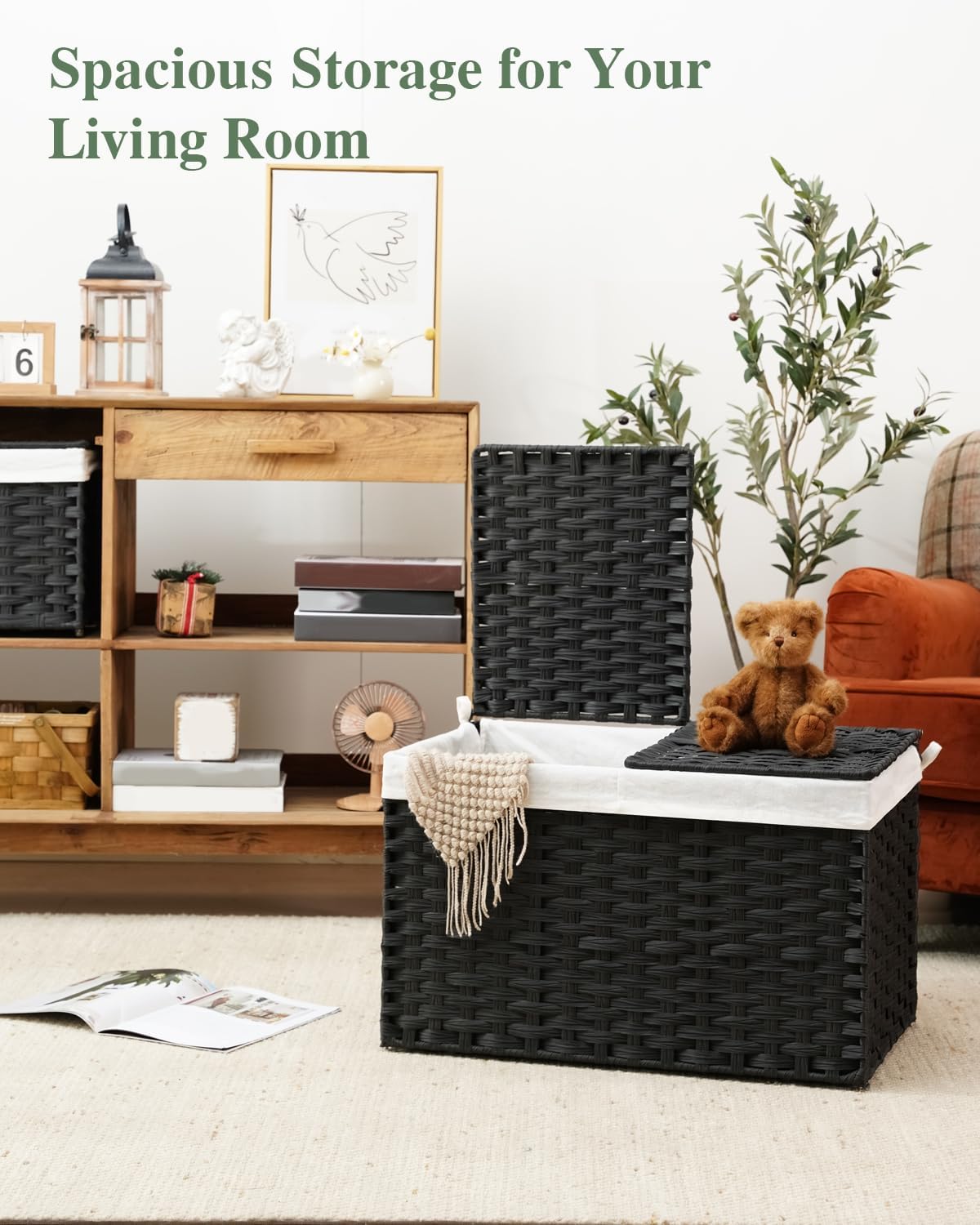 Storage Basket with Lid Rattan Woven Storage Baskets with 2 Separate Lids, 17.2 Gallon (65 L), 22 x 13 x 13.8 Inches,Foldable, 2 Removable Liner Bags Handles for Bedroom, Laundry Room Natural