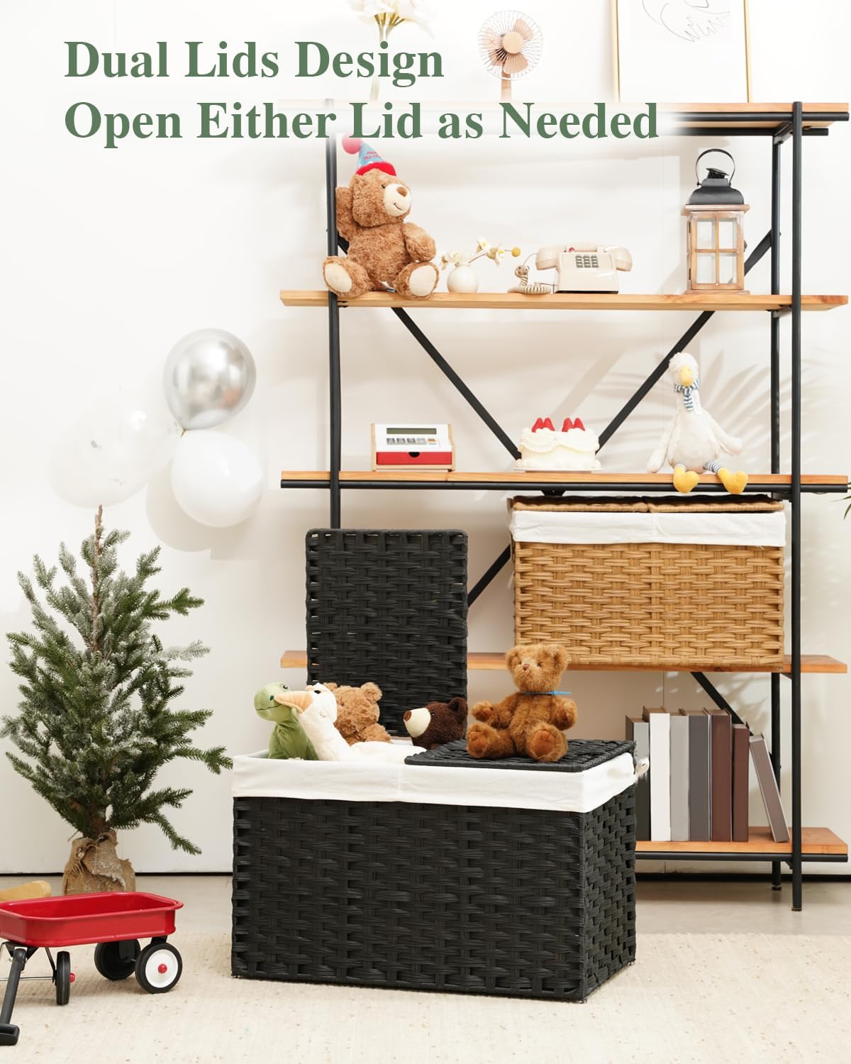 Storage Basket with Lid Rattan Woven Storage Baskets with 2 Separate Lids, 17.2 Gallon (65 L), 22 x 13 x 13.8 Inches,Foldable, 2 Removable Liner Bags Handles for Bedroom, Laundry Room Natural