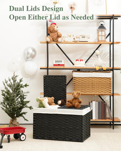Storage Basket with Lid Rattan Woven Storage Baskets with 2 Separate Lids, 17.2 Gallon (65 L), 22 x 13 x 13.8 Inches,Foldable, 2 Removable Liner Bags Handles for Bedroom, Laundry Room Natural