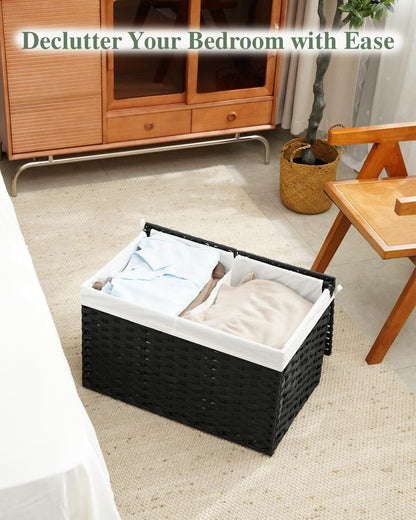 Storage Basket with Lid Rattan Woven Storage Baskets with 2 Separate Lids, 17.2 Gallon (65 L), 22 x 13 x 13.8 Inches,Foldable, 2 Removable Liner Bags Handles for Bedroom, Laundry Room Natural