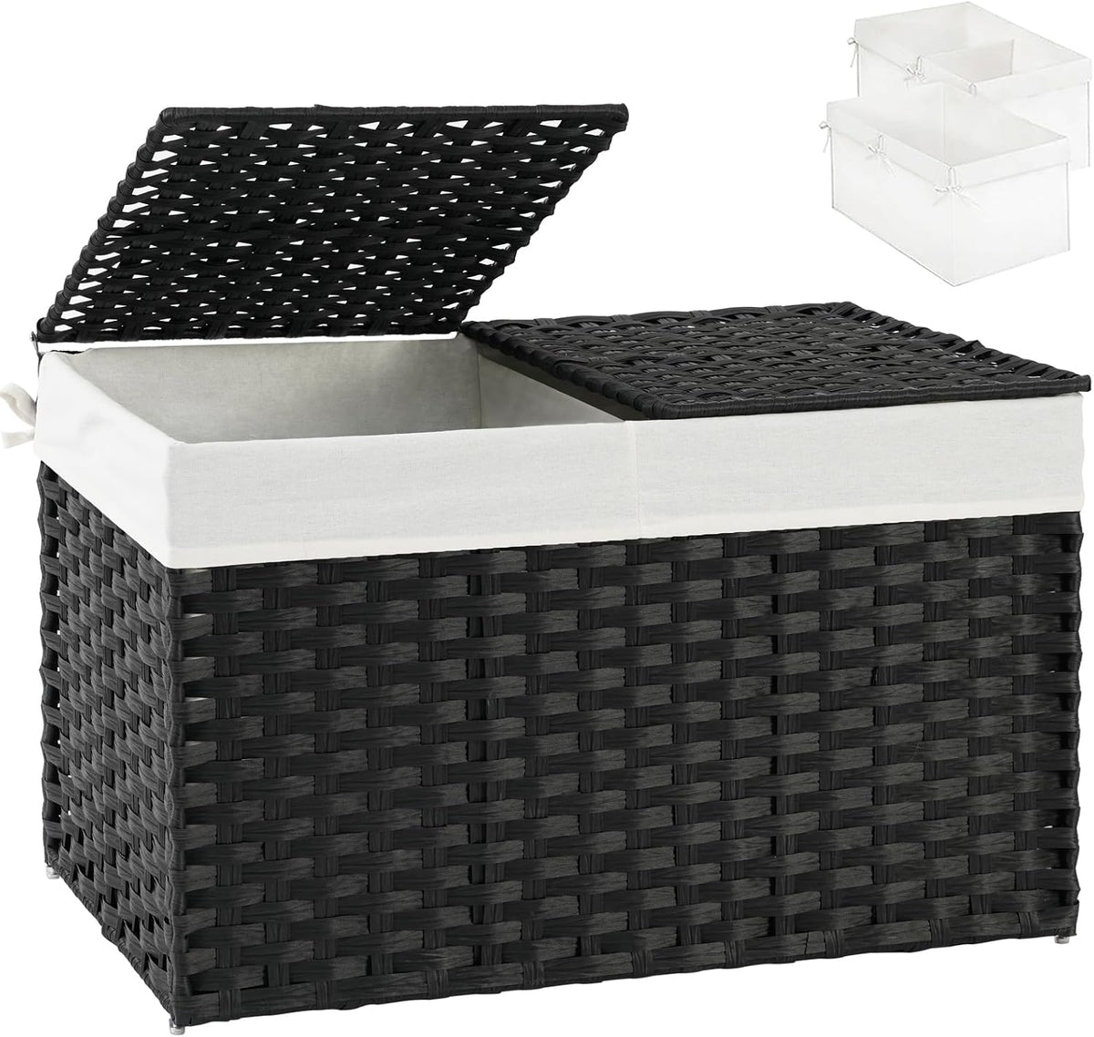 Storage Basket with Lid Rattan Woven Storage Baskets with 2 Separate Lids, 17.2 Gallon (65 L), 22 x 13 x 13.8 Inches,Foldable, 2 Removable Liner Bags Handles for Bedroom, Laundry Room Natural