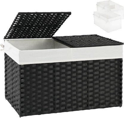 Storage Basket with Lid Rattan Woven Storage Baskets with 2 Separate Lids, 17.2 Gallon (65 L), 22 x 13 x 13.8 Inches,Foldable, 2 Removable Liner Bags Handles for Bedroom, Laundry Room Natural