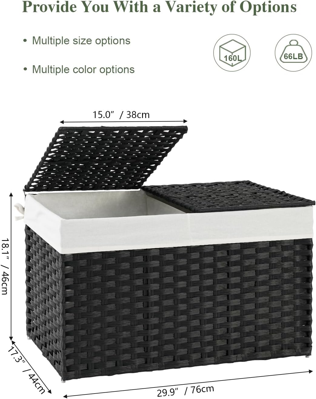 Storage Basket with Lid Rattan Woven Storage Baskets with 2 Separate Lids, 17.2 Gallon (65 L), 22 x 13 x 13.8 Inches,Foldable, 2 Removable Liner Bags Handles for Bedroom, Laundry Room Natural