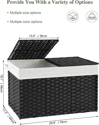 Storage Basket with Lid Rattan Woven Storage Baskets with 2 Separate Lids, 17.2 Gallon (65 L), 22 x 13 x 13.8 Inches,Foldable, 2 Removable Liner Bags Handles for Bedroom, Laundry Room Natural