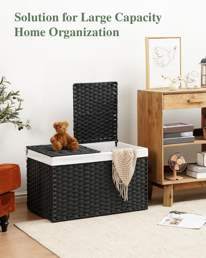 Storage Basket with Lid Rattan Woven Storage Baskets with 2 Separate Lids, 17.2 Gallon (65 L), 22 x 13 x 13.8 Inches,Foldable, 2 Removable Liner Bags Handles for Bedroom, Laundry Room Natural