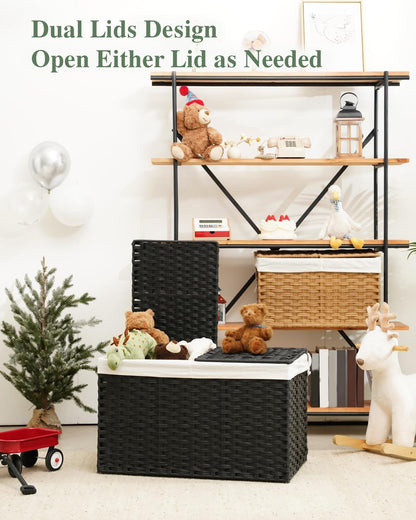 Storage Basket with Lid Rattan Woven Storage Baskets with 2 Separate Lids, 17.2 Gallon (65 L), 22 x 13 x 13.8 Inches,Foldable, 2 Removable Liner Bags Handles for Bedroom, Laundry Room Natural