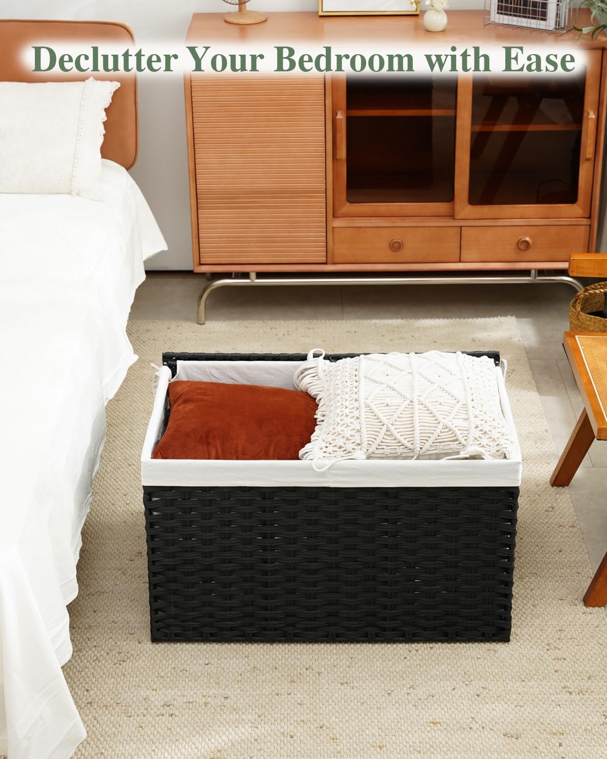 Storage Basket with Lid Rattan Woven Storage Baskets with 2 Separate Lids, 17.2 Gallon (65 L), 22 x 13 x 13.8 Inches,Foldable, 2 Removable Liner Bags Handles for Bedroom, Laundry Room Natural