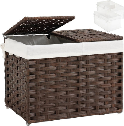 Storage Basket with Lid Rattan Woven Storage Baskets with 2 Separate Lids, 17.2 Gallon (65 L), 22 x 13 x 13.8 Inches,Foldable, 2 Removable Liner Bags Handles for Bedroom, Laundry Room Natural