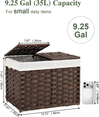 Storage Basket with Lid Rattan Woven Storage Baskets with 2 Separate Lids, 17.2 Gallon (65 L), 22 x 13 x 13.8 Inches,Foldable, 2 Removable Liner Bags Handles for Bedroom, Laundry Room Natural