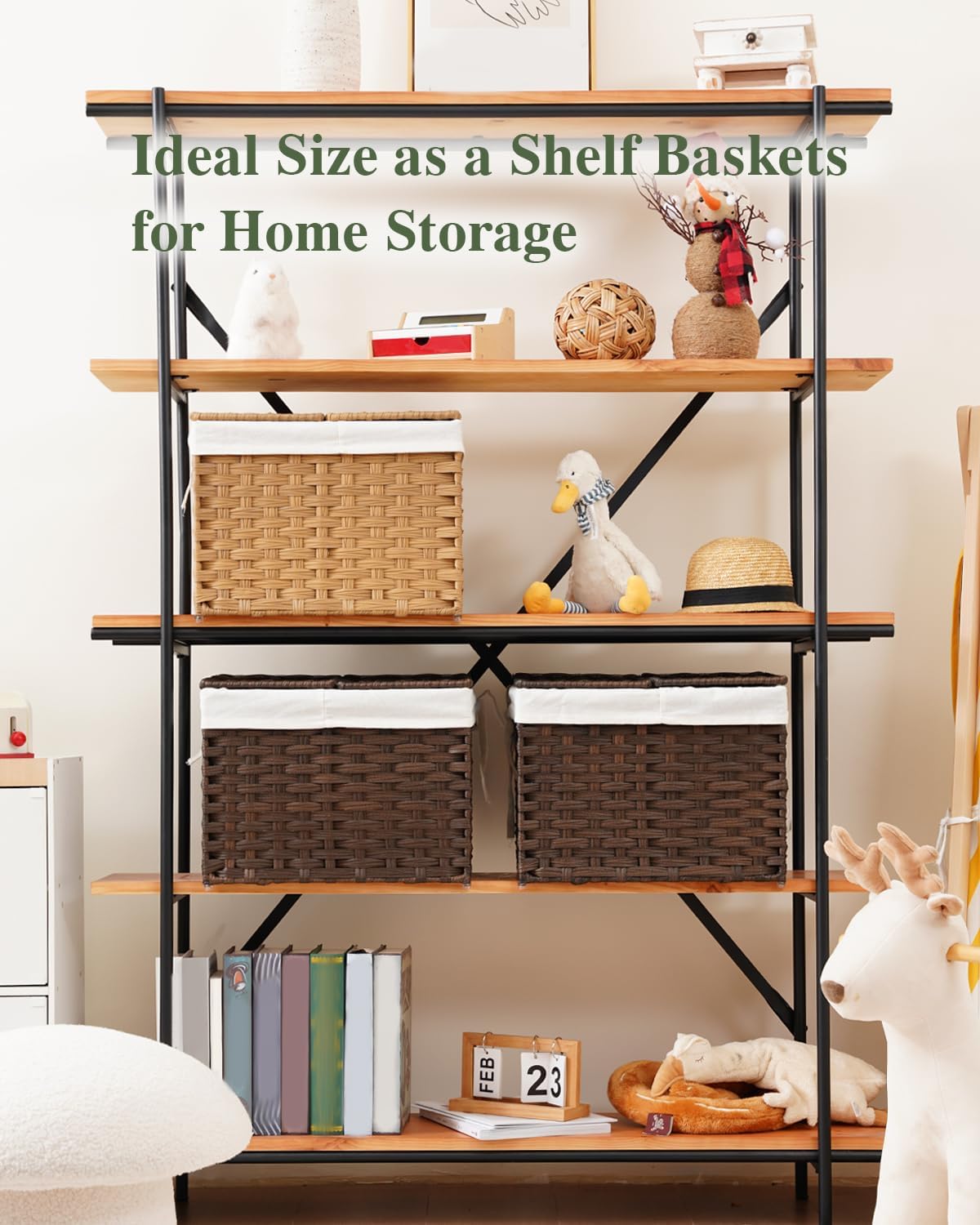 Storage Basket with Lid Rattan Woven Storage Baskets with 2 Separate Lids, 17.2 Gallon (65 L), 22 x 13 x 13.8 Inches,Foldable, 2 Removable Liner Bags Handles for Bedroom, Laundry Room Natural
