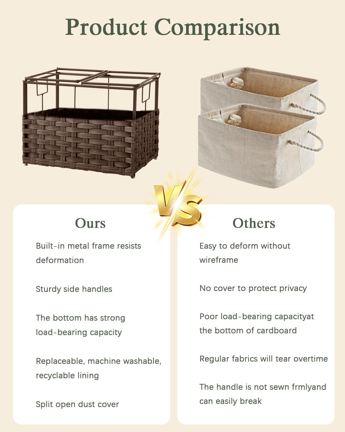 Storage Basket with Lid Rattan Woven Storage Baskets with 2 Separate Lids, 17.2 Gallon (65 L), 22 x 13 x 13.8 Inches,Foldable, 2 Removable Liner Bags Handles for Bedroom, Laundry Room Natural