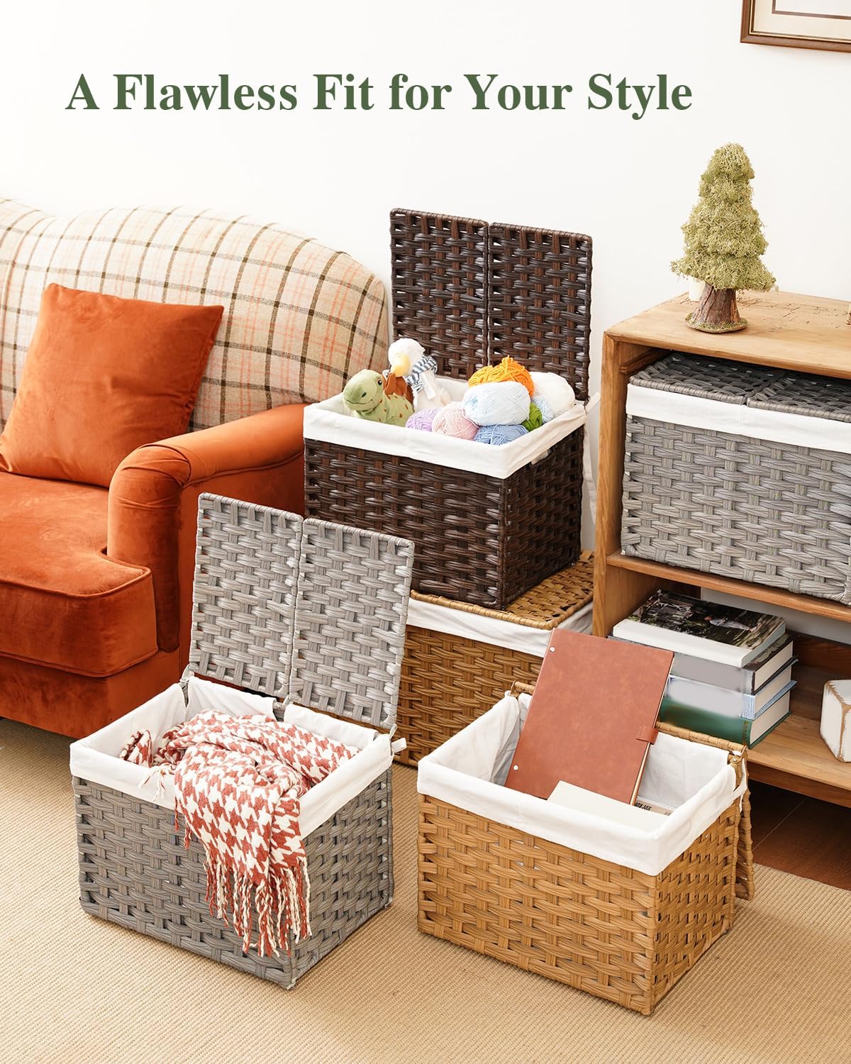 Storage Basket with Lid Rattan Woven Storage Baskets with 2 Separate Lids, 17.2 Gallon (65 L), 22 x 13 x 13.8 Inches,Foldable, 2 Removable Liner Bags Handles for Bedroom, Laundry Room Natural